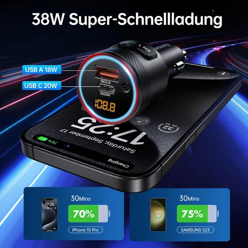 Miniatura 4 de Syncwire Transmisor FM Bluetooth 5.4 para coche, 38 W PD y QC3.0 Dual USB Carga Bluetooth Adaptador de coche Micrófono y sonido de graves MP3 Negro