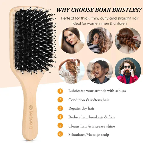 Miniatura 4 de Cepillo de pelo, paquete de 2 cepillos de cerdas de jabalí para mujeres, hombres, niños, reducir el encrespamiento, no más enredos, cepillo de viaje
