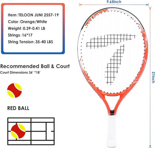 Miniatura 2 de Teloon Raqueta de tenis para niños, raqueta de tenis juvenil de 19 a 25 pulgadas con cubierta, raqueta de tenis junior para niños y niñas de 3 a 12