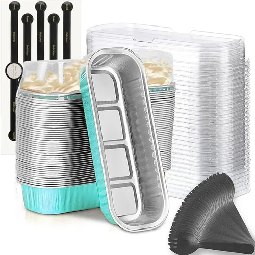Miniatura 15 de Findful Mini Moldes para Hornear Pan con Tapas y Cucharas (Paquete de 50, 6.8oz) Moldes Rectangulares de Papel de Aluminio para Hornear Recipientes