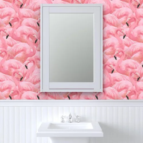 Miniatura 9 de Papel tapiz para despegar y pegar, flamenco, rosa, pájaros, flamencos, isla de flamencos, verano, retro, extraíble, por Spoonflower