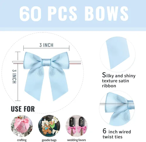Miniatura 3 de Rainbow Pana Paquete de 60 lazos de corbata torcida para bolsas de golosinas, lazos de 3" de cinta de satén azul bebé para envoltorios de regalos
