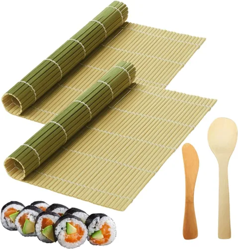 Miniatura 2 de JapanBargain, Kit de fabricación de sushi, 2 alfombrillas de bambú verde con paleta de arroz y esparcidor, juego de rodillos de sushi japonés