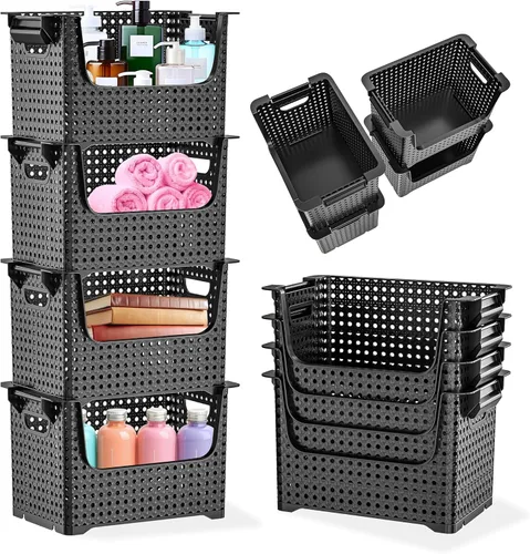Miniatura 11 de TidyFriend - Paquete de 4 cubos de almacenamiento apilables grandes con frente abierto para organizadores y almacenamiento de despensa, Negro