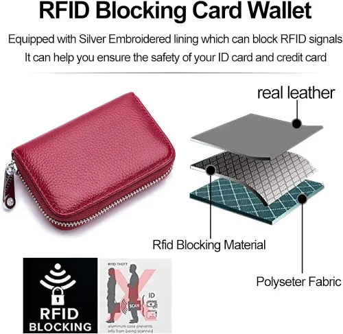 Miniatura 6 de Tarjetero RFID de cuero genuino para tarjetas de crédito con cremallera, Moderno
