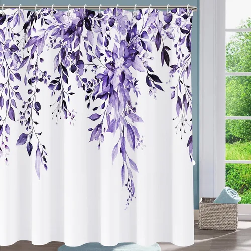 Miniatura 2 de Cortina de ducha, cortinas de eucalipto púrpura para baño, cortinas de baño con hojas en acuarela lavables, impermeables, juego de cortinas de hojas
