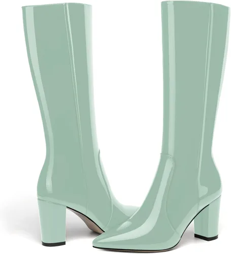 Miniatura 160 de AMBELIGHT Botas altas hasta la rodilla con cremallera y puntera puntiaguda para mujer, de patente sólida, tacón alto, 3.3 pulgadas