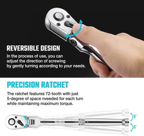 Miniatura 3 de DURATECH Manija de trinquete de 3/8 pulgadas con cabeza flexible, llave de trinquete de 72 dientes, de liberación rápida, interruptor reversible