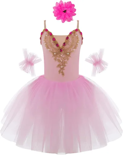 Miniatura 24 de JEATHA Camisola para niñas y niñas, leotardo con falda, vestido de ballet, cisne, lago, tutú, bailarina, disfraces para competición