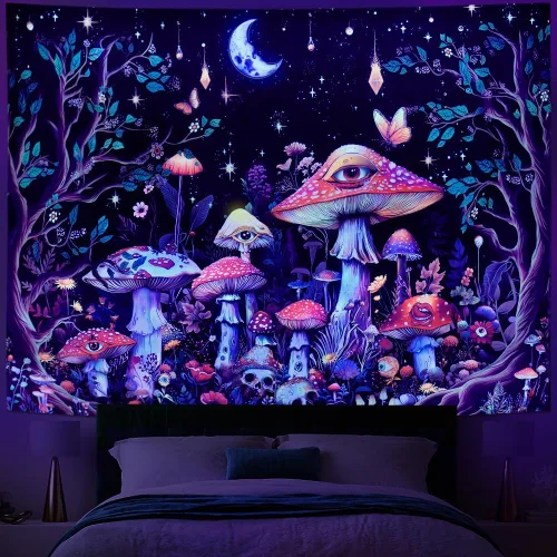 Miniatura 3 de Generleo Tapiz de hongos con luz negra, tapiz floral de plantas hippie reactivas a los rayos UV, tapices de luna de árbol malvado de ojo, decoración