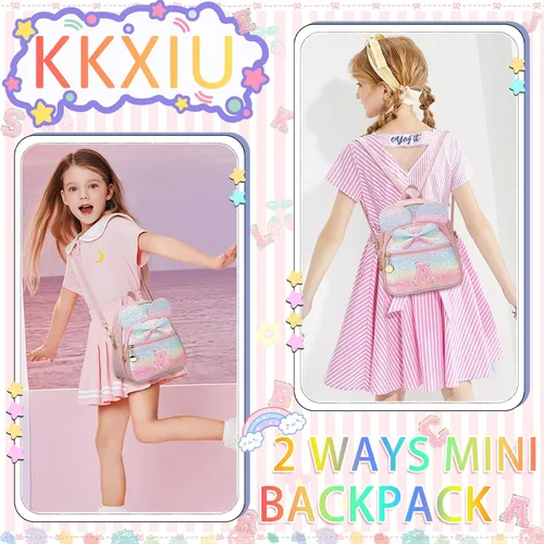 Miniatura 5 de KKXIU Mochilas Mini con Moño Inicial para Niñas y Mujeres, Linda Mochila Pequeña con Asa de Bolso, Regalos Personalizados para Niños, Arcoíris