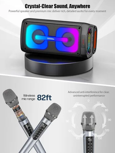 Miniatura 8 de Máquina de karaoke con 2 micrófonos inalámbricos, sistema PA portátil con luces LED, Bluetoot 5.3, altavoz de fiesta compatible con tipo C, USB