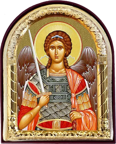Needzo Arcángel San Miguel el icono del defensor arqueado, San Miguel con soporte y es colgante de pared 4 1/16 pulgadas