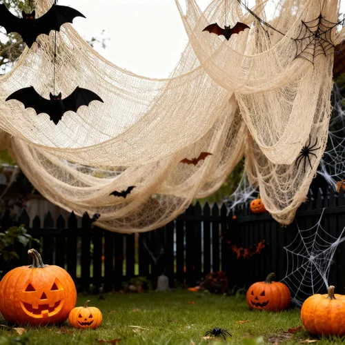 Miniatura 6 de Qtisky Juego de 5 telas de gasa espeluznante de Halloween, tapiz de gasa de Halloween beige para interiores y exteriores, decoraciones espeluznantes