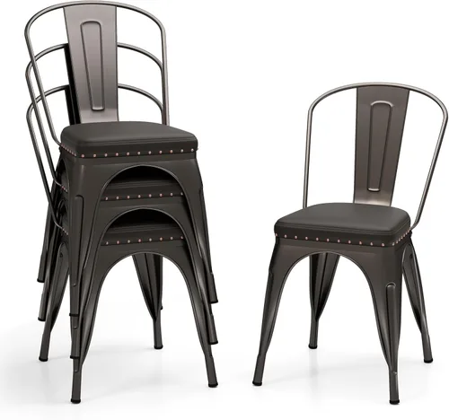 Miniatura 10 de Giantex Juego de 4 sillas de comedor de metal, sillas auxiliares apilables de cocina sin brazos con respaldo desmontable y asiento acolchado de piel