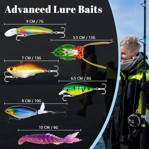 Miniatura 2 de Señuelos de pesca - Caja de aparejos con aparejos incluidos, kit de pesca con VIB, ranas, minnows, cebos suaves, ganchos y accesorios de pesas, kit