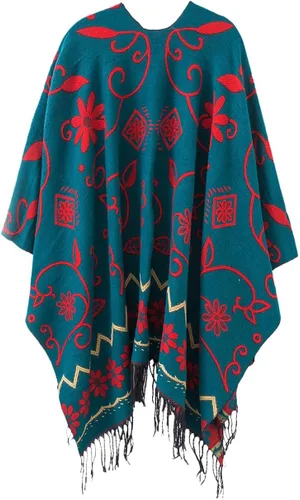 Miniatura 7 de Poncho con flecos, con estampado vintage, estilo retro, a la moda, para mujer. Capa, chal.