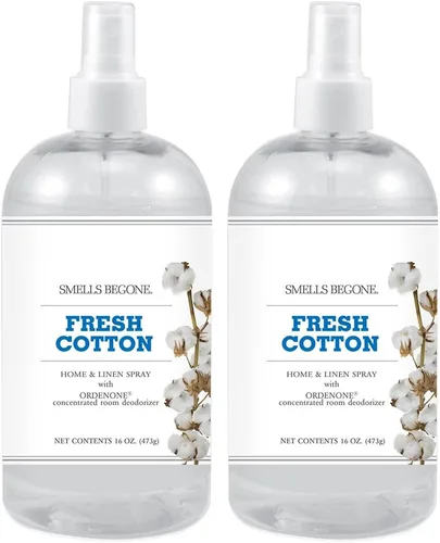 SMELLS BEGONE Ambientador Home & Linen Spray – 16 onzas, paquete de 2 – Eliminador de olores – Hecho con aceites esenciales (algodón fresco)