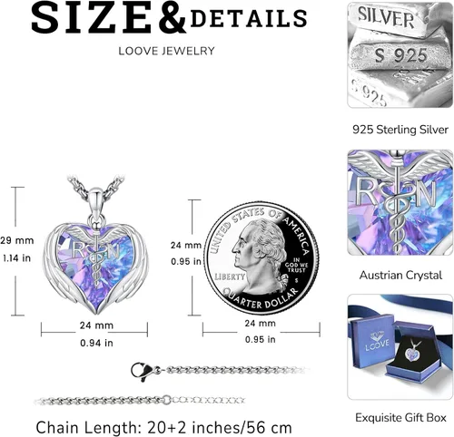 Miniatura 203 de Collar de alas de ángel de plata de ley 925, ángel de la guarda, enfermera RN caduceo, dije de ángel de cristal, joyería de regalo para mujer