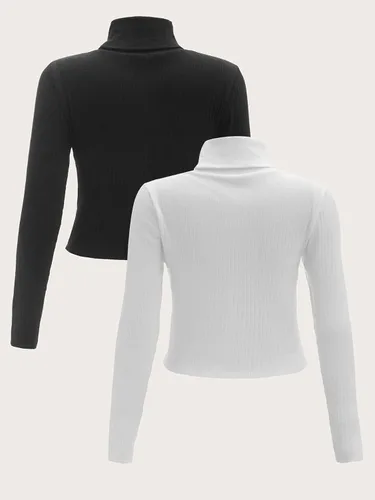 Miniatura 2 de Floerns 2 piezas de cuello alto y manga larga de punto acanalado para mujer