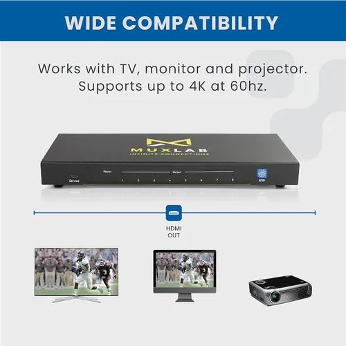 Miniatura 4 de MuxLab Divisor HDMI 1x8 1 en 8 salidas 4K a 60 Hz 4:4: 4 HDR HDMI 2.0 HDCP 2.2 TrueHD Dolby Atmos DTS:X Uso con monitor HDR 4K