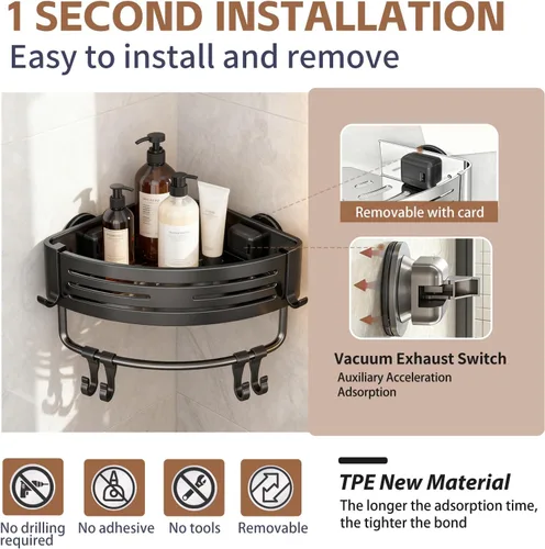 Miniatura 4 de Organizador de ducha esquinero de aluminio inoxidable, estante triangular a presión para instalar con ganchos, organizador de ducha de baño