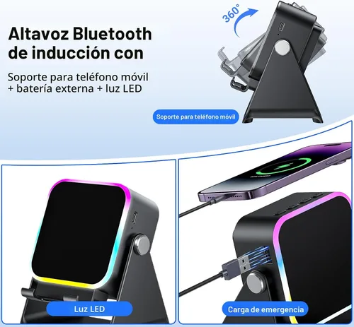 Miniatura 5 de Altavoz de inducción con soporte para teléfono 5 en 1 Audio inalámbrico de inducción Bluetooth para iPhone Android Altavoz con amplificador con luz