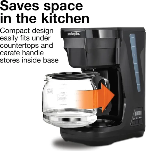 Miniatura 3 de Proctor Silex FrontFill - Cafetera de goteo, digital y programable, jarra de vidrio de 12 tazas, color negro y plateado (43685PS)
