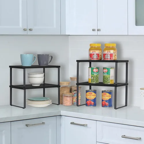 Miniatura 4 de CADUKE Juego de 4 estantes de encimera de cocina, organizador de estantes apilables, estantes de encimera de madera, estantes de gabinete Negro