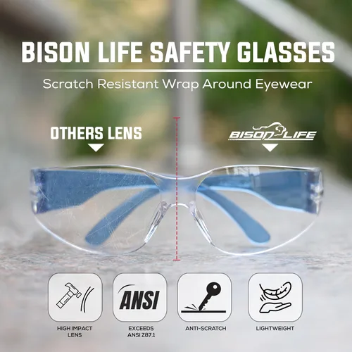 Miniatura 2 de BISON LIFE - Lentes de seguridad con protección envolvente resistente a arañazos, lente de policarbonato resistente a impactos ANSI Z87.1