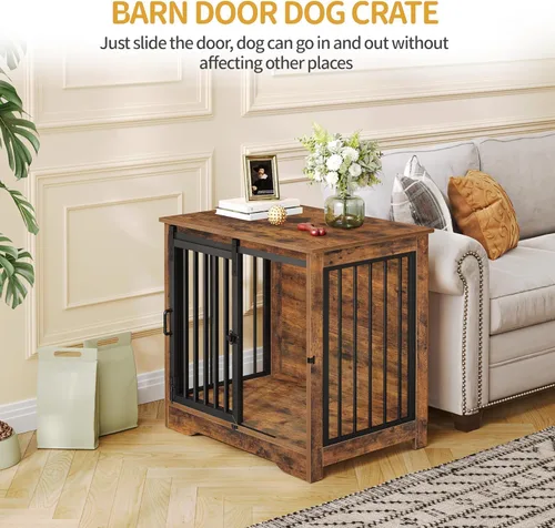 Miniatura 2 de Hzuaneri Mueble de jaula para perros de 27.2 pulgadas con puerta de granero, perrera resistente para interiores con 2 puertas, mesa auxiliar