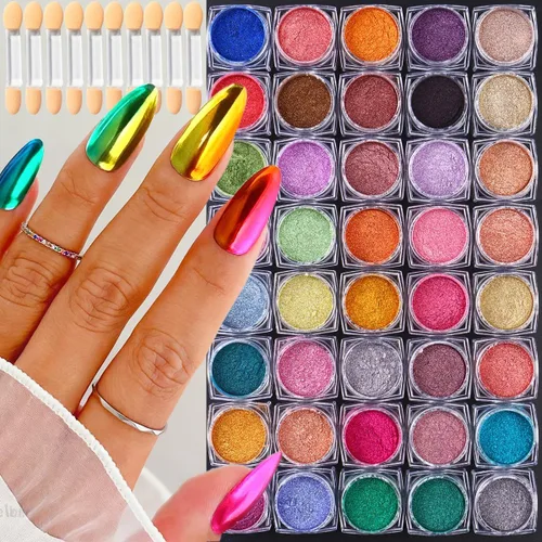 Juego de polvos de uñas cromados de espejo metálico de 40 colores, pigmento de espejo metálico profesional con brillo holográfico, incluye tonos oro