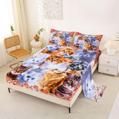 Miniatura 24 de Feelyou Juego de ropa de cama de tamaño individual con diseño de gato colorido para niños, adolescentes y niñas, decoración de habitación de gato