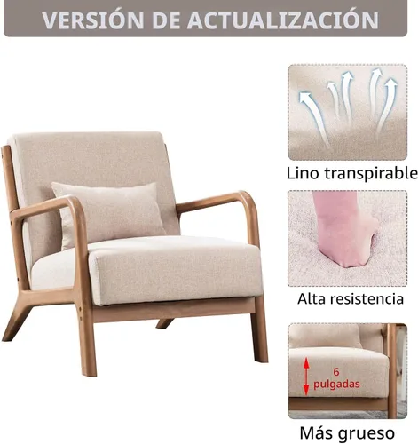 Miniatura 3 de ANJ ANJHOME Silla moderna de mediados de siglo, estilo Accent, con asiento de tela cómoda para sala de estar con estructura de madera maciza, sillón