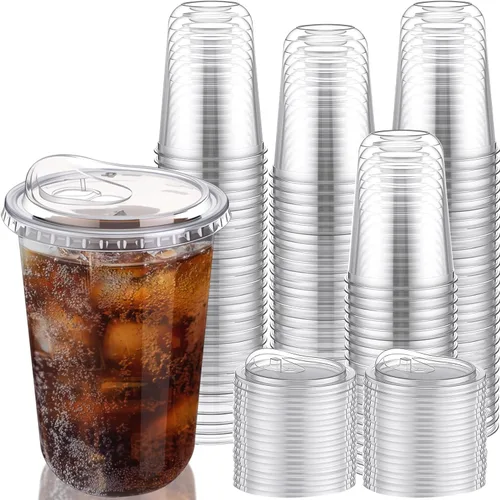 Miniatura 8 de LemonRoad Paquete de 200 vasos de plástico transparente de 12 onzas con tapa para sorber sin pajilla, taza de café helado de plástico desechable