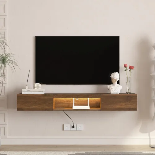 Miniatura 2 de KEIKI Soporte de TV flotante montado en la pared para televisores de 55 a 65 pulgadas, moderno centro de entretenimiento con luces LED y toma