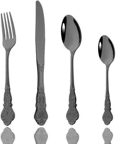 JASHII Juego de cubiertos negros de 4 piezas, pulido con espejo, cubiertos de acero inoxidable para 1, patrón elegante único, apto para lavavajillas