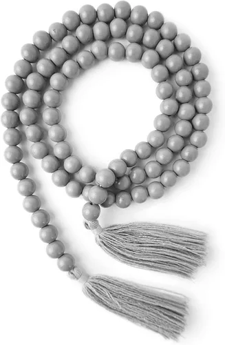 Guirnalda de cuentas de madera con borlas, guirnalda de cuentas de madera gris de 61 pulgadas, decoración moderna de granja, decoración bohemia para
