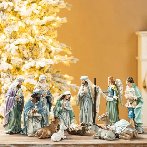 Glitzhome Juego de 12 figuras de pesebre para Navidad en interiores, juego de belén cristiano de resina azul de lujo, adornos de mesa en miniatura,