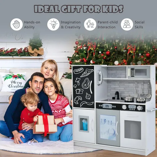 Miniatura 9 de Costzon Juego de Cocina para Niños, Set de Juguetes de Cocina de Madera de Simulación con Sonido Realista, Pizarra Grande, Teléfono, Microondas, gris
