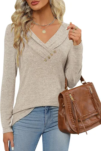 Miniatura 5 de FMEYOA Blusa casual de manga larga para mujer, para usar con leggings, cuello en V, con botones, estilo casual