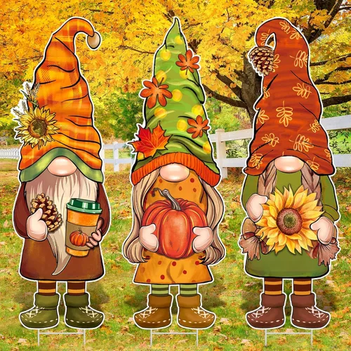 Miniatura 14 de Umigy 3 piezas de gnomo de otoño para decoración de patio con estacas de 32 x 10 pulgadas, decoración de jardín de otoño exterior para el hogar