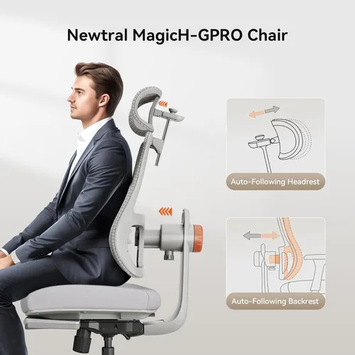 Miniatura 5 de Newtral Silla de oficina ergonómica, silla de escritorio de oficina en casa con reposapiés, respaldo y reposacabezas de seguimiento automático, Gris