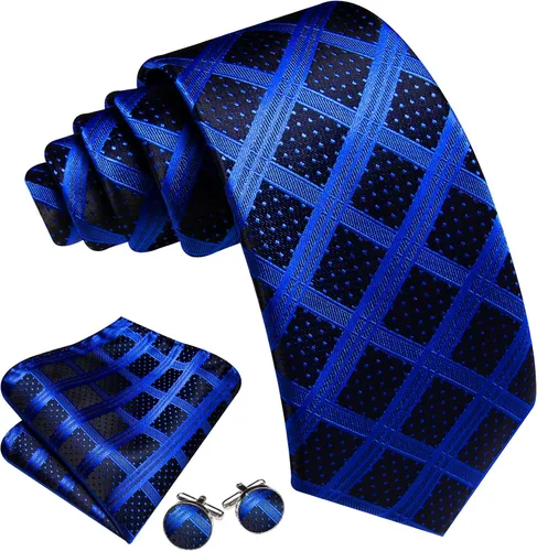 Miniatura 47 de Barry.Wang Juego de corbatas a cuadros para hombre con pañuelo gemelos de rayas clásicas