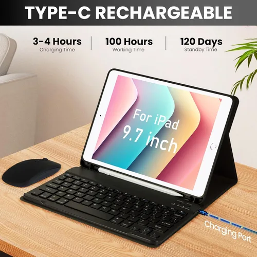 Miniatura 6 de SOPPY Funda con teclado Bluetooth con mouse para iPad de 6ª/5ª generación, iPad Pro de 9.7 pulgadas, Air 1/2, teclado inalámbrico desmontable
