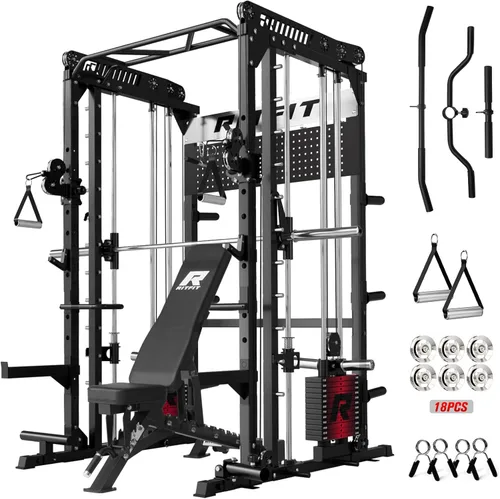 RitFit Paquete de máquina M1 Pro Smith, jaula de potencia todo en uno con juego de pilas de pesas, incluye sistema LAT Pulldown y cable cruzado para