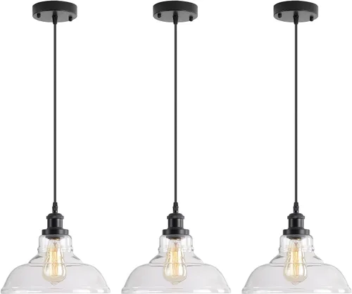 Miniatura 6 de GLADFRESIT Luces colgantes industriales, luz colgante vintage sobre mesa, pantalla de cristal de cúpula de burbuja negra, cabezal y base de lámpara