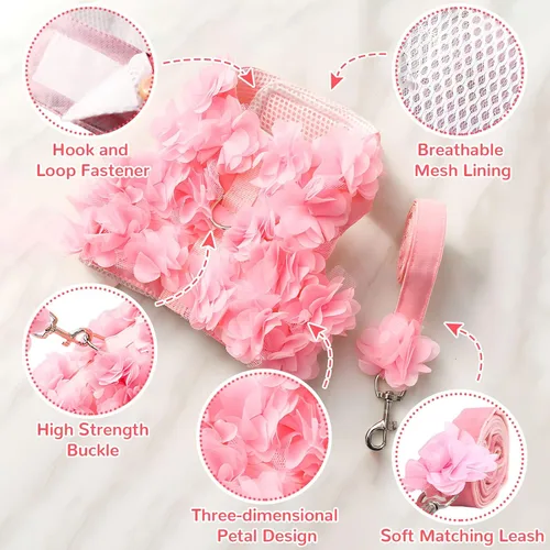 Miniatura 4 de Lindo arnés y correa para perros pequeños, arnés de encaje rosa floral para cachorros para perros pequeños, gatos, malla suave, chaleco para perro