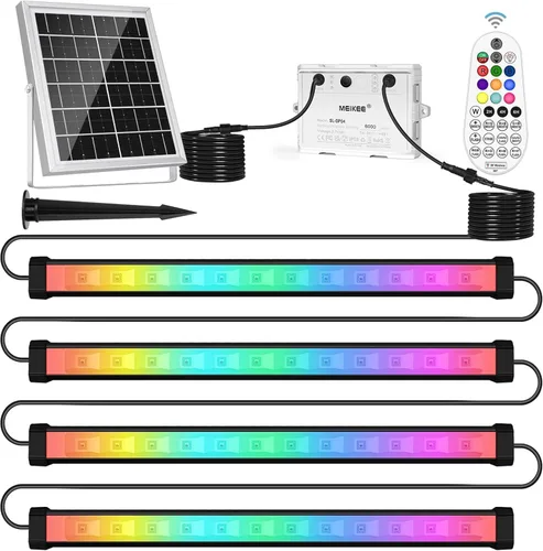 MEIKEE Luz solar RGBW LED de pared 4 en 1, IP66 impermeable que cambia de color, tira de luces solares de pared con control remoto, luz de