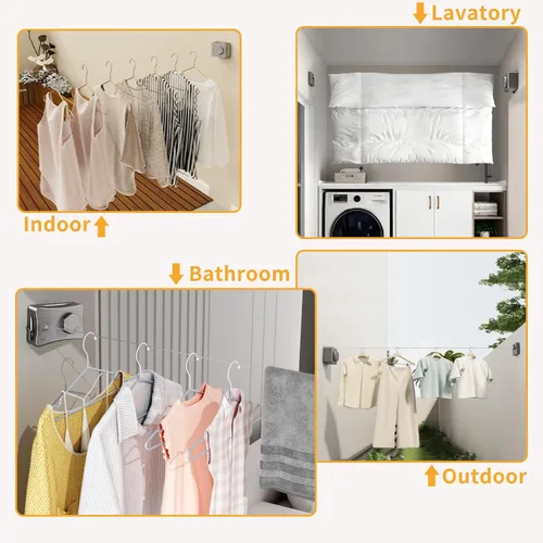 Miniatura 7 de Tendedero retráctil para interiores y exteriores, tendedero de montaje en pared que no se comba, alambre de acero inoxidable de 16.7 pies con líneas